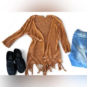 C.H. Impressions Rust Boho Open Knit Fringe Cardigan